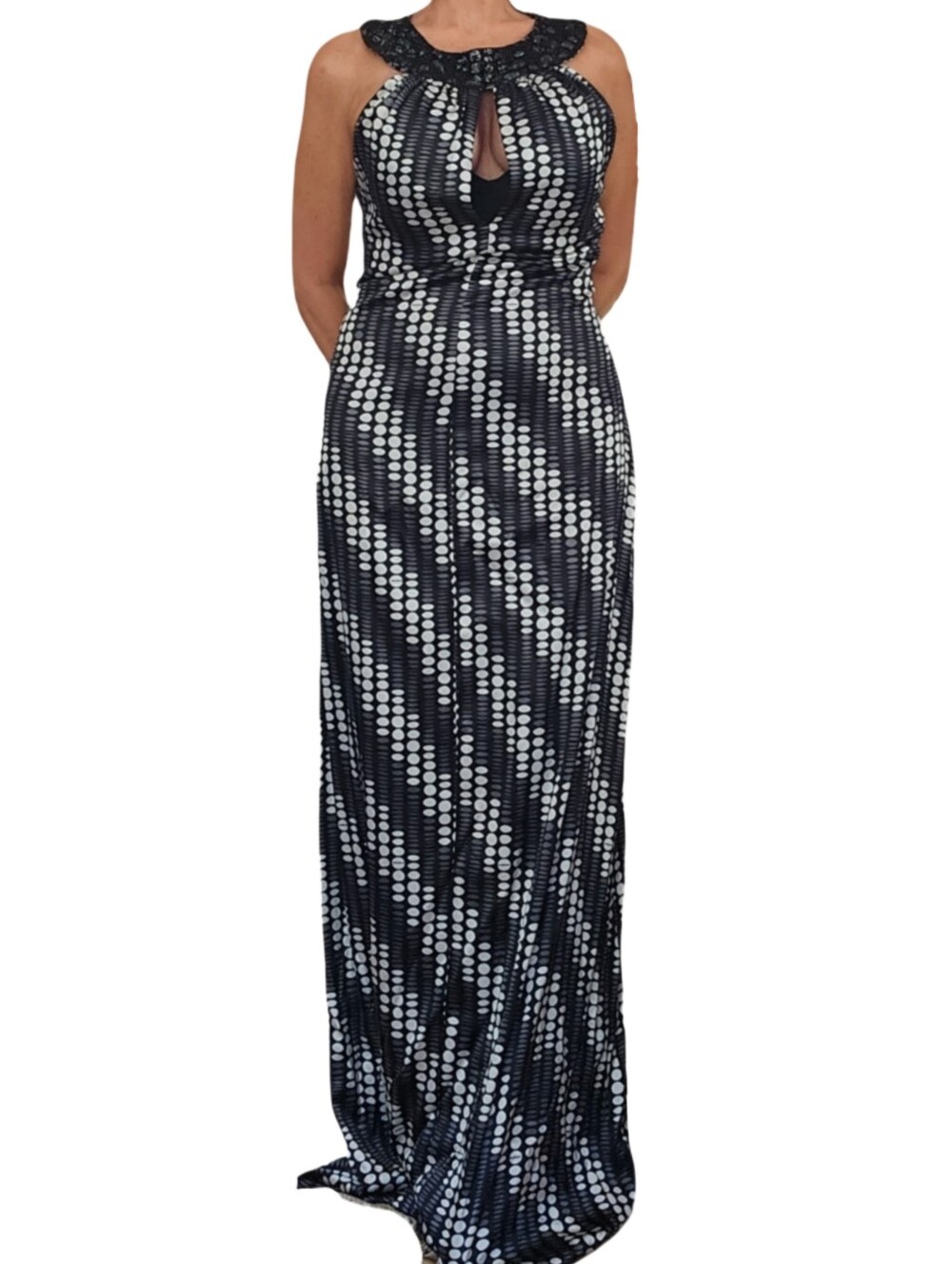 Vintage Y2K Bebe Op Art Polka Dot Silk Bodycon Beaded Neckline Maxi Dress